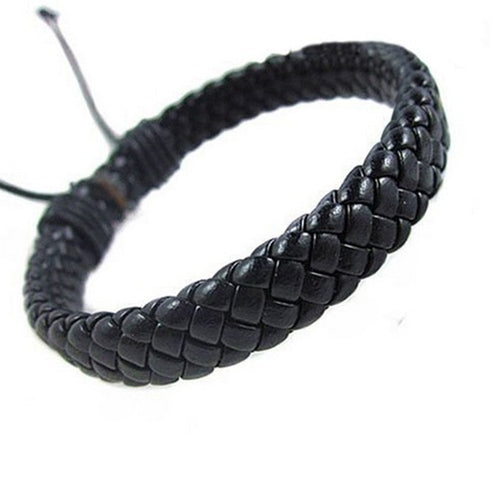 Fashion Men Black Weave Leather Bracelet