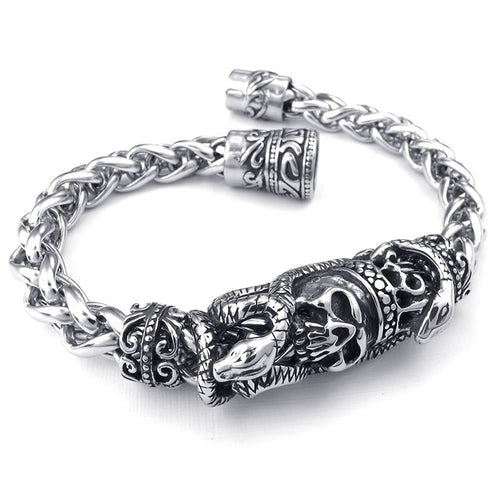 Man Biker Gothic Snake Serpent Skull Skull Stainless Steel Jewelry Bracelet - Silver